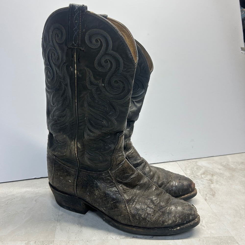 Tony Lama Ostrich Leather Western Cowboy Boots Black Mens 10B Vintage Distressed